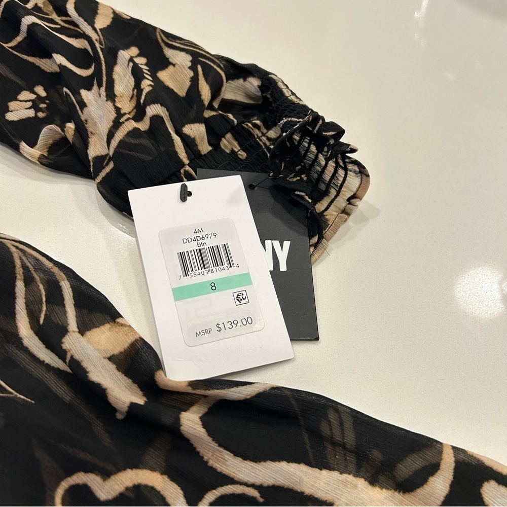 DKNY Black, Tan and Cream Floral Long Sleeve Chiffon Dress, Size 8, NWT - Picture 3 of 12